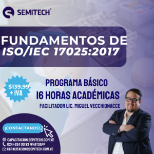 Lic. Miguel Vecchionacce, experto en ISO 17025:2017, en imagen promocional SEMITECH. Laboratorio con gráficos de acreditación, gestión de calidad y validación de métodos para curso de laboratorios en Venezuela.