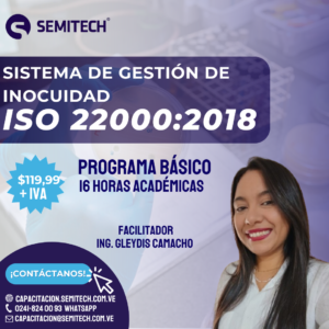 Ingeniero Gleydis Camacho, experta en ISO 22000, en imagen promocional de SEMITECH. Laboratorio con gráficos HACCP e inocuidad alimentaria para curso de gestión de seguridad en alimentos. Ideal para profesionales venezolanos
